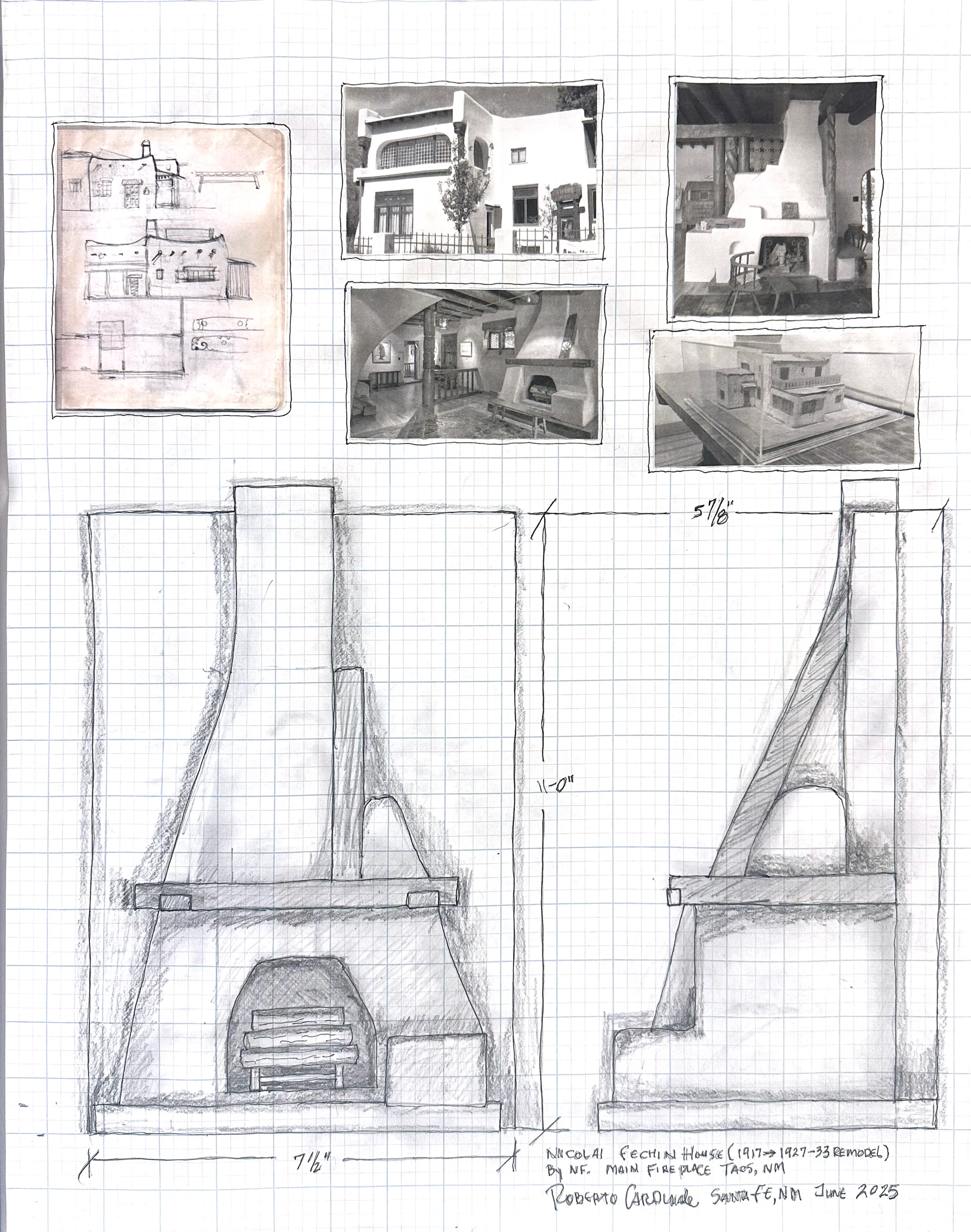 Working drawing of Fechin House Sitting Room Fireplace, pencil and ink on grid paper