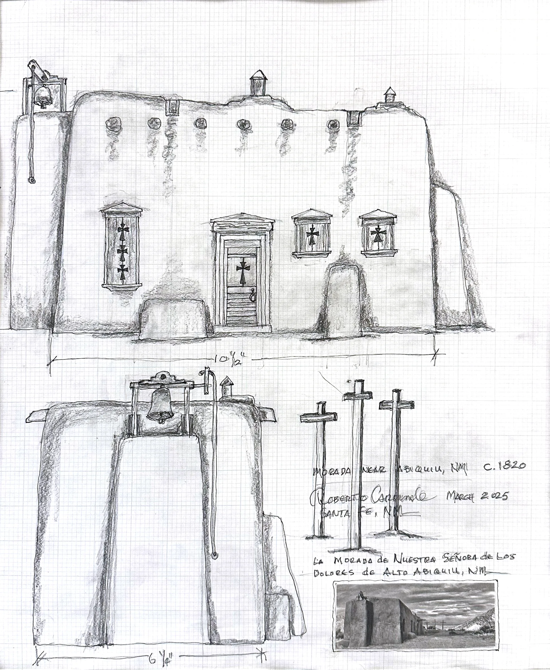 Working drawing of La Morada de Abiquiu, pencil and ink on grid paper