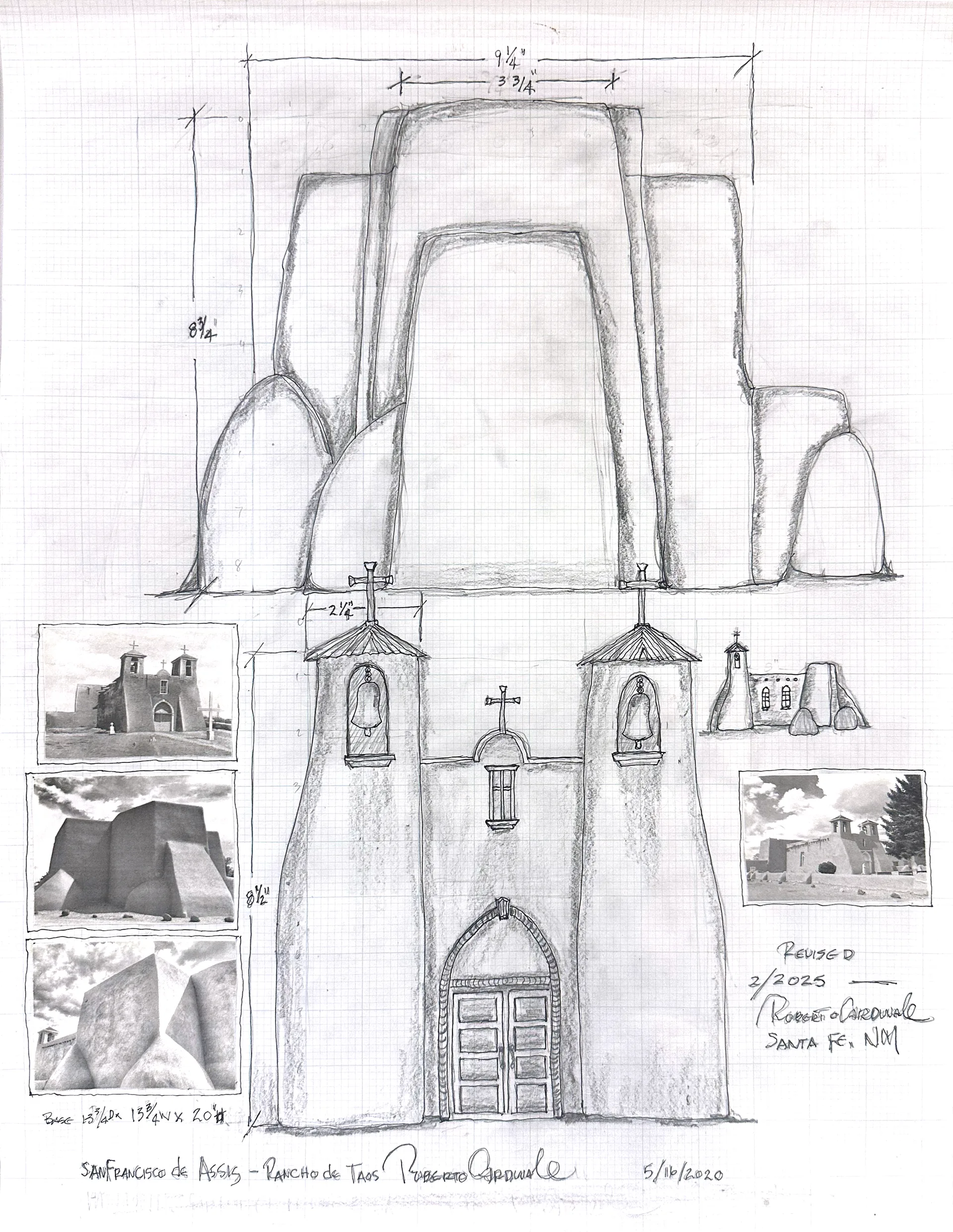 Working drawing of San Francisco de Asis, pencil and ink on grid paper