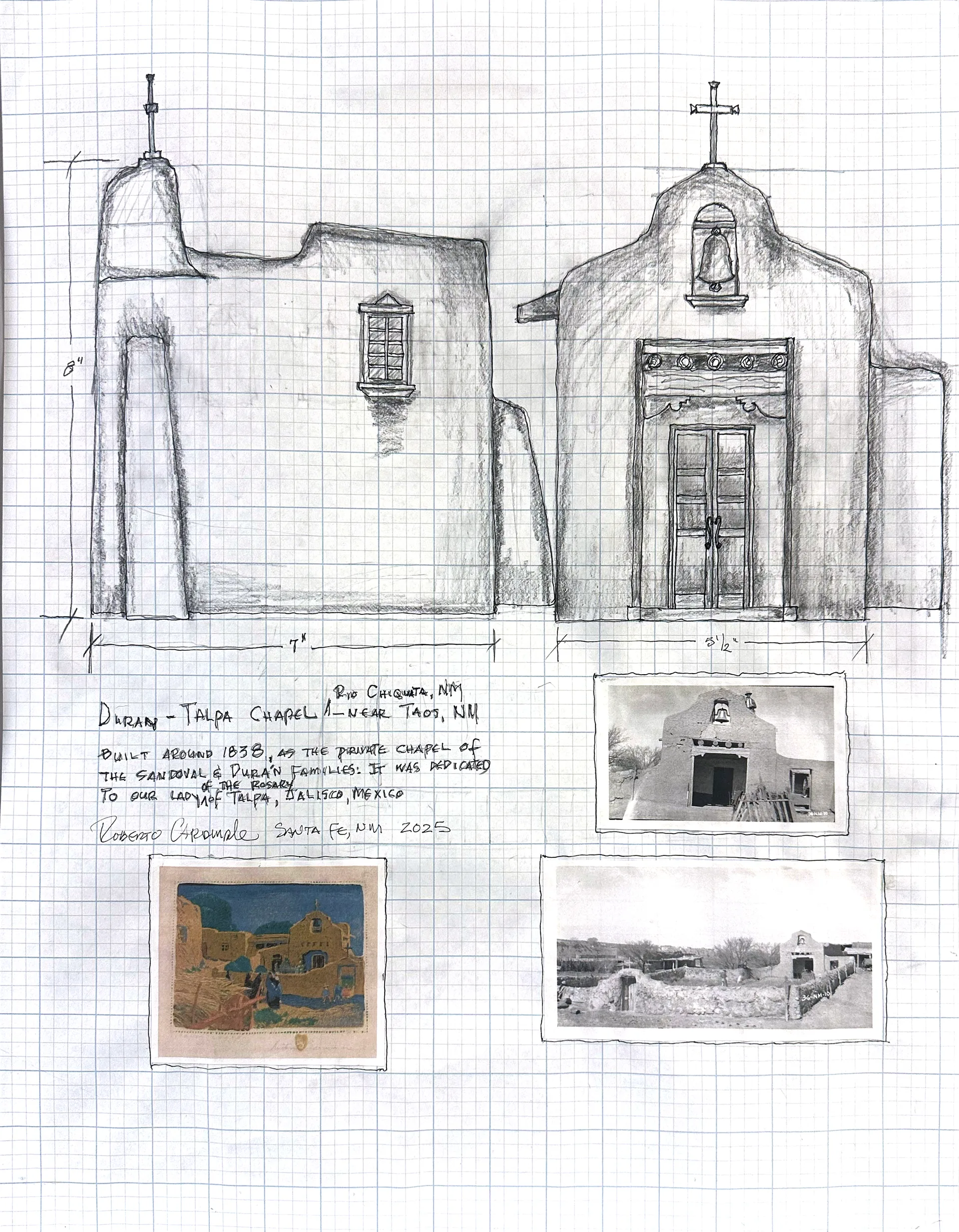Working drawing of The Talpa Chapel, pencil and ink on grid paper